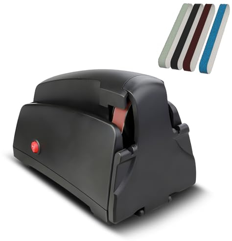 Kavolet Elektrisk knivslip för köksknivar, saxslip med slipband med kornstorlek 120/320/600/1000 och rengöringsborste, bärbar automatisk knivslipverktyg