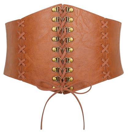 JasGood Cinturón ancho de corsé para mujer, cinturón elástico con cordones, cinturón vintage atado Waspie para vestidos, Halloween, festival, cosplay, Marrón 02., Für Taillenumfang 58cm-67cm
