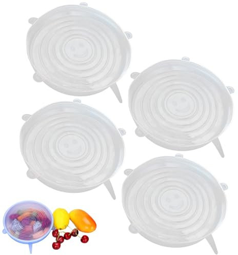 4-Piece Silicone Stretch Lid Set - Universal 9.5cm Food Covers for Containers, Tins & Yogurt Pots (Dishwasher/Freezer Safe, Thickened Reusable Design)