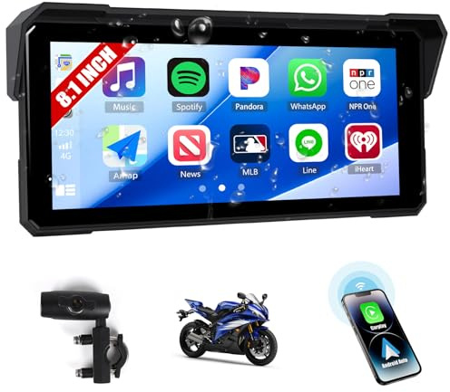 [2025] CAMECHO Wireless Carplay Pantalla Moto 8.1 Pulgadas con Android Auto IP68 Impermeable, Navegador Táctil con Bluetooth Airplay Android Cast Sonido EQ Amplia Adaptabilidad +1600 * 600 HD