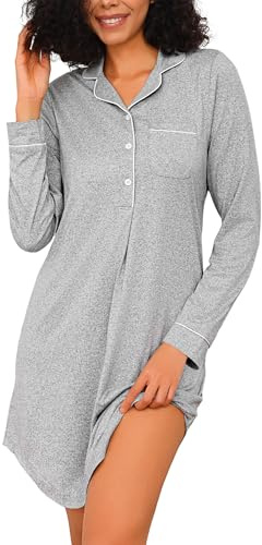 Jahetuul Women’s Nightdresses Long Sleeve Cotton Nighties for Ladies Nightshirts V-Neck Button Down Nightgowns Loose Comfortable Loungewear Sleepwear S-3XL