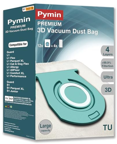 Pymin 12-pack TU/CO Dammsugarpåsar 4 avgasfilter för Guard L1/M1/S1 | Väskor med stor kapacitet HyClean Air dammsugarpåsar för Miele