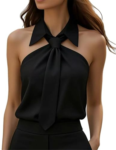Women Tie Neck Halter Sleeveless Shirt Bow Tie Top Off Shoulder Casual Pullover Black