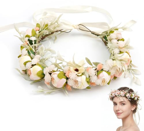 Blomsterkrans med persikoblommor för brud, hårband med blommor för bröllop och festligheter - Spring Peach