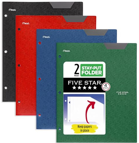 Five Star 2-Pocket Folders, 4 Pack, Plastic Folders with Stay-Put Tabs, Fits 3-Ring Binder, Holds 11” x 8-1/2”, Assorted Colors (38049), Black, Red, Green, Blue