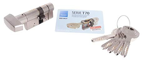 Tesa Assa Abloy, T75B4040N, Cilindro de Seguridad, T70, Leva Larga, Llave - Botón, Niquelado, 40 x 40 mm