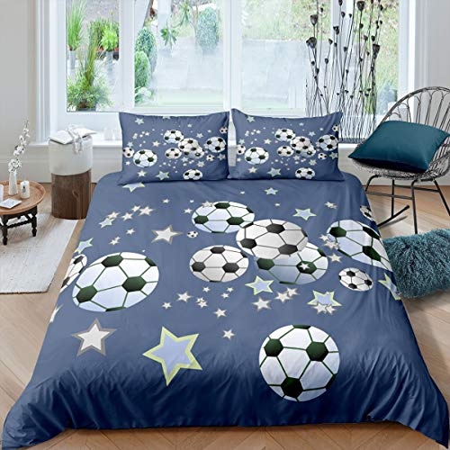 Loussiesd 155x220cm Kinder Bettbezug Set Fußball Sport Bettwäsche Set Sport Thema Betten Set Bequeme Mikrofaser Sternchenmuster Bettwäsche für Mädchen Jungen Jugend