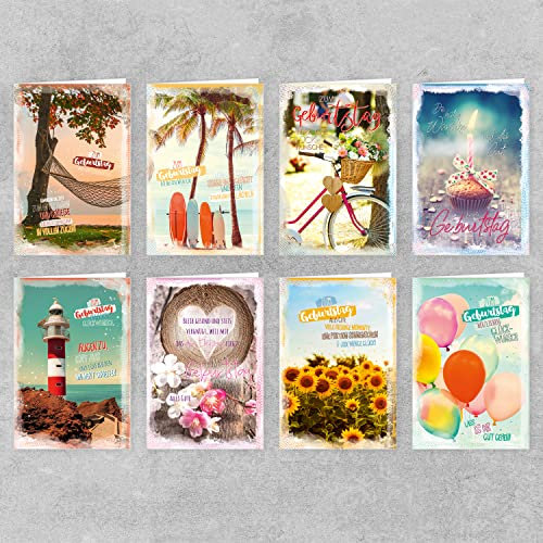 PremiumLine Geburtstagskarten Set mit Umschlag - GLÜCKSMOMENTE - 8 Stück - Glückwunschkarte Happy Birthday Grußkarte Spruch - Fotokarte Klappkarte zum Geburtstag mit Briefumschlag