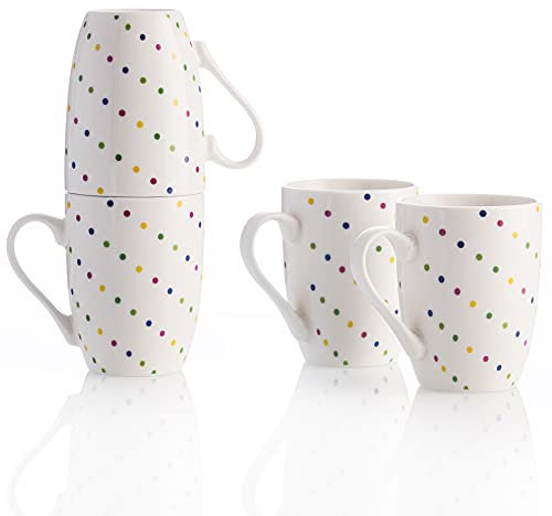 UNITED COLORS OF BENETTON. Rainbow | Tasses à café en porcelaine | 4 pièces de 360 ml | très durables et résistants | mug pour petit déjeuner résistant au lave-vaisselle | blanches à pois