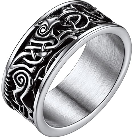 FaithHeart Anello in acciaio inox con testa di lupo peronizzato con anello da dito Rune retrò Viking Wolf con nodo celtico vichingo anello per uomo e uomo, 64, Acciaio inossidabile, Nessuna pietra