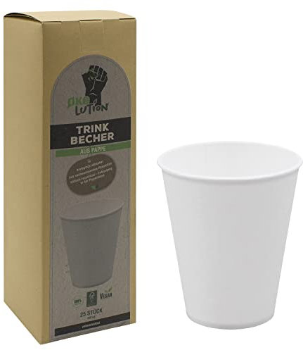 Ökolution Vasos de papel blanco 25 unidades, aprox. 250 ml, para bebidas frías y calientes, sin revestimiento de plástico o plástico orgánico, estable, de cartón FSC sostenible