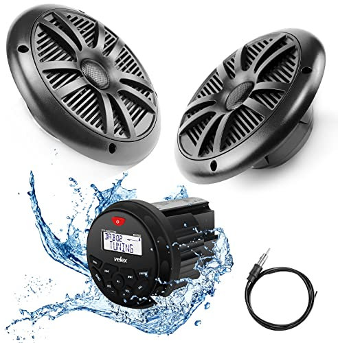 Velex Marine Stereo Package Gauge Head Unit DAB/AM/FM Bluetooth 4x45W and 2 x 6.5 Speaker Black