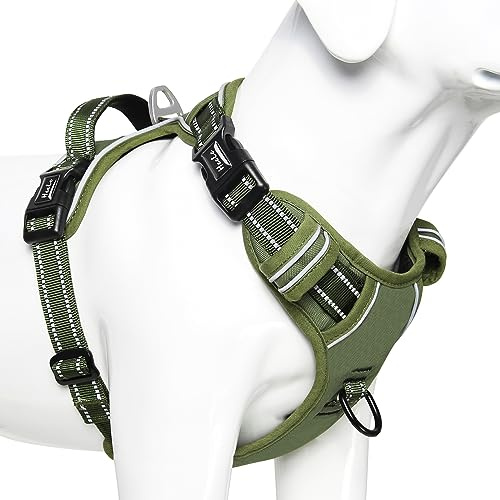 HEELE Dog Harness, No Pull Large, Release on Neck, Front Back Clips Dog Vest Harness Reflective Adjustable Padded, Easy Control Handle for Outdoor Walking Training, Green, L