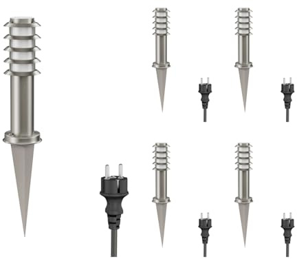 ledscom.de 5 pzas. luz de bolardo PORU con pincho de suelo y cable de 2m para exteriores, IP44, rejilla, 39cm, acero inoxidable, incl. lámpara E27 máx. 1020lm, blanco
