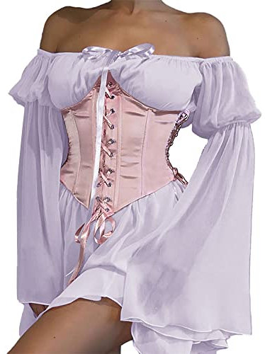 Sunidol Ensemble 2 pièces pour femme - Robe corset à épaules dénudées et manches cloches à lacets - Mini robe bustier, 04-Violet + Rose Ensemble, Taille XL