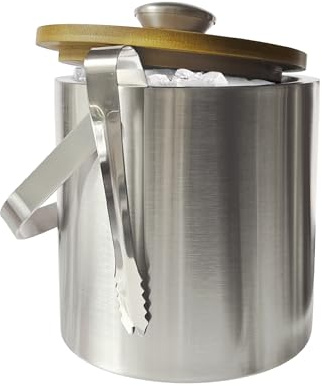 Lily's Home Double Wall Insulated Small Ice Bucket with Bamboo Lid - Stainless Steel Ice Holder with Tongs and Strainer, Ideal for Parties,Camping,Kitchen, Tiki Bar, Cocktail Bar, Portable & Mini,1.3L