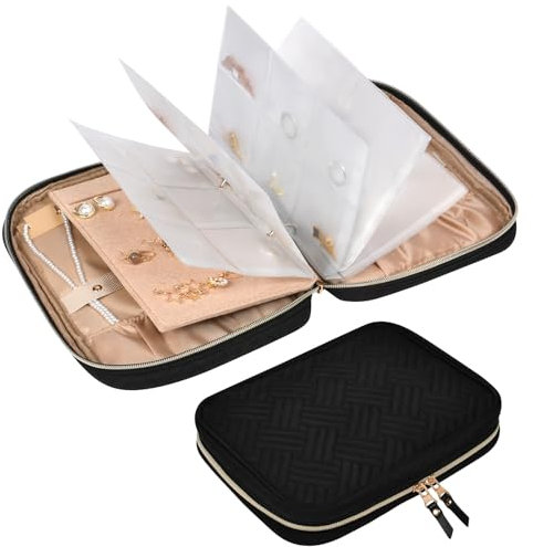 Aucuu Jewelry Travel Organizer Case, Portable Foldable Earrings Storage Book with Clear PVC Pocket for Necklaces, Earrings, Rings, Bracelets - Black