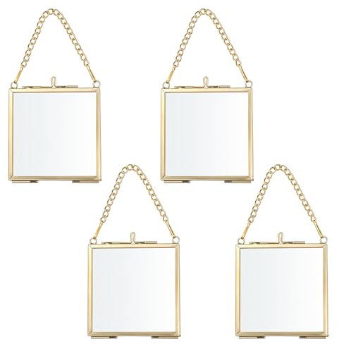 SUMTree 4 mini cornici quadrate in metallo, vetro, da appendere, in vetro geometrico, per fiori pressati, foto 2,7 x 2,7 x 7 cm x 7 cm (oro)