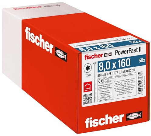fischer - Vis de charpente PowerFast FPF II CTP 8,0x160 revêtement zingué, Filetage partiel, tête fraisée avec Empreinte Torx/Boîte de 50