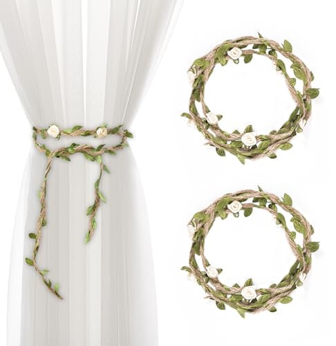 Pizens 2 Pezzi Fermatenda, Cordini per Tende a Fiori, Corde Fermagli Tende in Cotone Naturale per Casa o L'esterno Decorazione (Rosa Bianca)