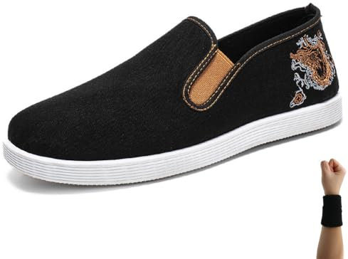 Dee Plus Kung Fu Schuhe, Tai Chi Bestickte Schuhe Kampfsportschuhe Damen Herren Tai Chi Slippers, Chinesische Traditionelle Peking-Stil, Gummisohle Unisex Schwarz (Goldener Drache,44)