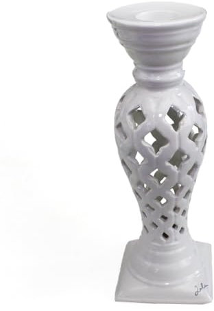 DLM-838 Bomboniera Candelabro in ceramica bianca traforata, 20 cm altezza, 7 cm base e profondità, con scatola imbottita, per Matrimonio, Battesimo, Anniversario, Comunione