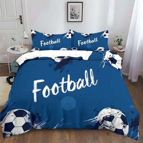 Generico Copripiumino Policotone 150x200 cm Tema Calcio Blu Sport Set Copripiumino Morbido e Ipoallergenico, Biancheria da Letto Moderno 3 Pezzi, Copripiumino con Cerniera e 2 Federe 50x80 cm