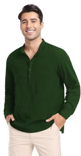 Algodón Lino Verano Camisa de Manga Larga para Hombre Hombre Casual Playa Camisa Camisa de Lino Henley Shirt Verde Oscuro M