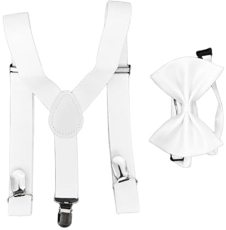 Set di papillon per ragazzi con bretelle elastiche a Y con clip forti per bambini, bretelle regolabili per bambini dai 1 ai 14 anni, Set bianco, Taglia unica