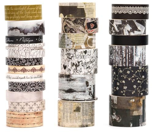 Songdao Retro Washi tejpset, 24 rullar dekorativa antika maskeringstejp vintage tejp färgglada för konst, gör-det-själv-hantverk, dagbok, planerare, scrapbook, förpackning (9 monokroma mood)