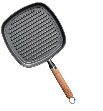 Aprilsunnyzone Poêle à steak en fonte de 22 cm avec poignée en bois, adaptée pour la friture, les grillades et autres besoins de cuisine dans votre cuisine