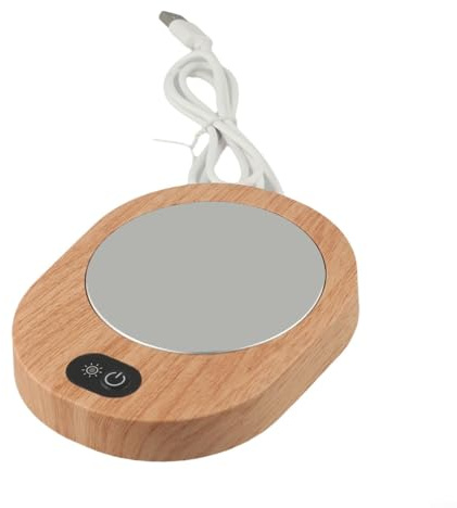 USB bärbar elektrisk koppvärmare, 15,7 x 12,5 x 3,5 cm skrivbord dryckesvärmare för kaffe te mjölk kakao, rustik träfiberdesign med 55–65 °C konstant temperatur för användning i hemmakontor