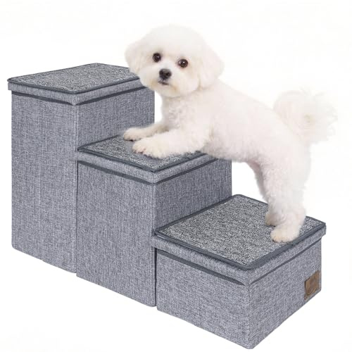 AKOZLIN Dog Stairs med förvaring 3 steg vikbara husdjursstairs för soffa/soffa/hög säng klättring husdjursteps med non-slip skydd kattsteps, håll upp till 132 pund, grå