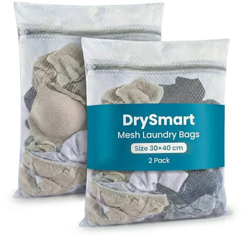 DrySmart 2 Pack Mesh Laundry Bags for Washing Machine, 30x40cm | Fine Net Delicates Washing Bag with Zip, Reusable and Durable, Protects from Tangling, Washer & Dryer Safe, Travel Storage