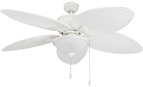 Prominence Home Solana, 52 Inch Tropical Indoor Outdoor Ceiling Fan with Light, Pull Chain, Three Mounting Options, Weather Resistant Palm Leaf Blades - 80018-01 (White)