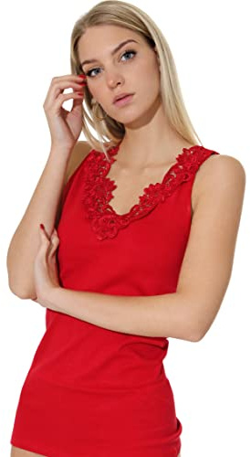 Damen Shirt, Unterhemd Gekämmte Baumwolle mit extra großer Spitze Ohne Seitennaht (36/38, Rot)