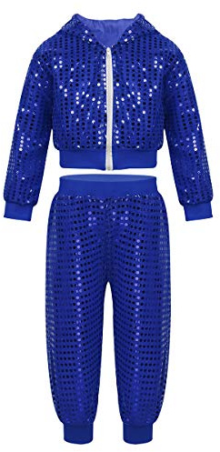 dPois Chaqueta con Capucha Manga Larga + Pantalones Lentejuelas Traje de Danza Hip-hop Jazz Ballet Niña Niño Unisex Disfraces Brillante Conjunto Ropa de Baile Fiesta Actuación Azul 10-12 años