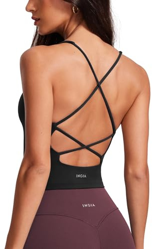 INGIA V Neck Padded Tank Tops Criss Cross Strap Black Medium