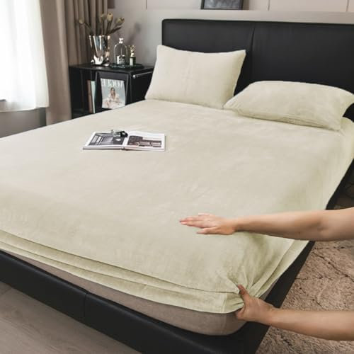 Boqingzhu Flauschige Plüsch Spannbettlaken 140x200cm Beige Weiß Winter Warm Flanell Fleece Biber Samt Cashmere Touch Spannbetttuch Kuschelig Bettlaken für 25 bis 30cm Matraze