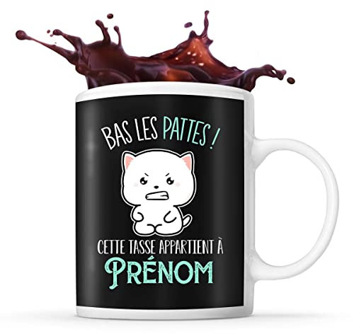 Planetee Tasse Prénom personnalisable Chat bas les pattes | Mug café ou thé idée cadeau personnalisé drôle et original pour collègue de travail famille et amis