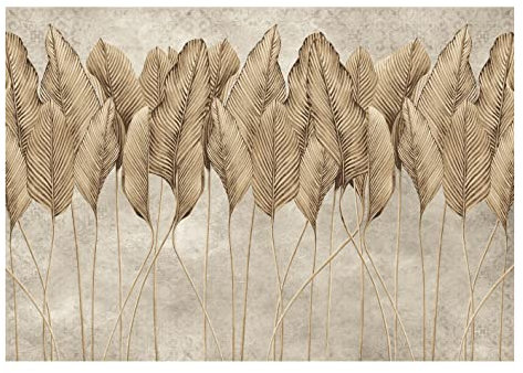 WallArena - Vlies Fototapete Blätter beige Palmenblätter Federn Betonoptik 254x184 cm - Fototapeten - Tapeten - für Wohnzimmer Schlafzimmer - Vliestapete Wandtapete Tapete 3D Effekt- inkl. Kleister