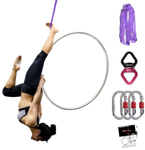 PRIOR FITNESS Juego de aros aéreos, aro profesional de Lyra para antena aérea, 95 cm, acero inoxidable, equipo de anillo de antena de un solo punto con accesorios completos de aparejo (plata, diámetro