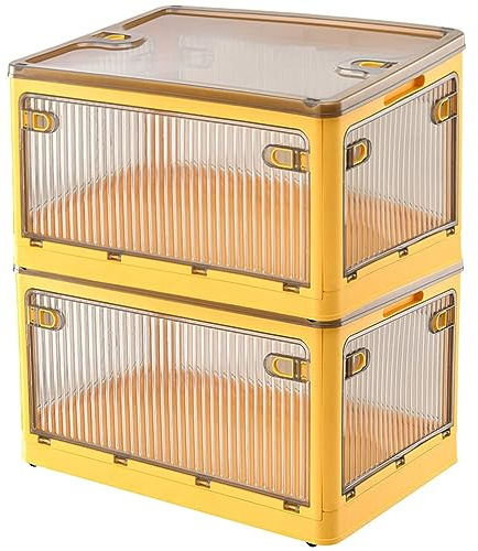 Creahaus 2Pack Storage Boxes with Lids, 28L Stackable Bins for Storage with Wheels, Folding Storage Boxes with Five Doors, Storage Containers Organizer for Bedroom Living Room Study Office (Yellow)