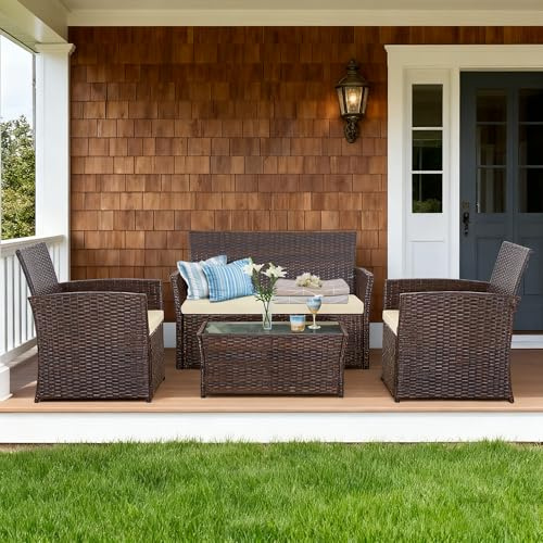 Seogwisam 4 Piece Patio Furniture Set, Outdoor Wicker Conversation Set, Rattan Sectional Sofa Couch with Glass Coffee Table & Thick Cushion for Backyard, Porch, Garden, Poolside, Brown/Beige