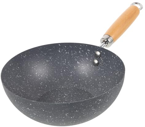 Ciieeo Frying Wok Iron 20cm Nonstick Wok Pan with Wooden Handle Small Chinese Fry Pot Portable Stir-Fry Pans for Induction Ceramic Electric Gas Cooktops