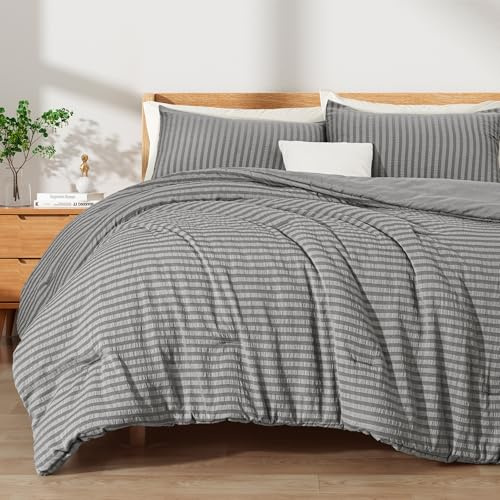 Exclusivo Mezcla 7.5 Tog Seersucker Single Duvet Set Grey, Lightweight Soft Striped Pattern All Season Bedding Duvet sets with 1 Pillow Sham