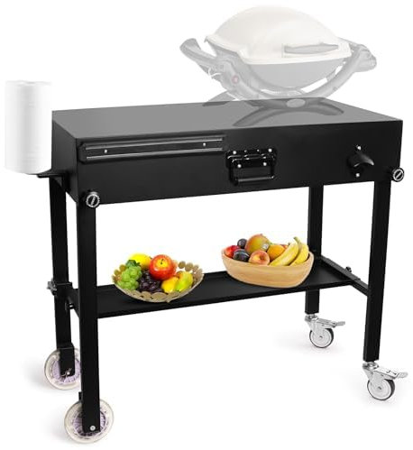 Outafurnia Supporto da tavolo per barbecue da esterno, carrello pieghevole per griglia, portatile, con mensola, stabile, per cucinare all'aperto, con ruote, per barbecue, campeggio e feste
