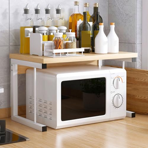 Soporte de madera para microondas de 2 niveles con marco de metal, estante de cocina resistente para horno microondas, tostadora y estante de panadería