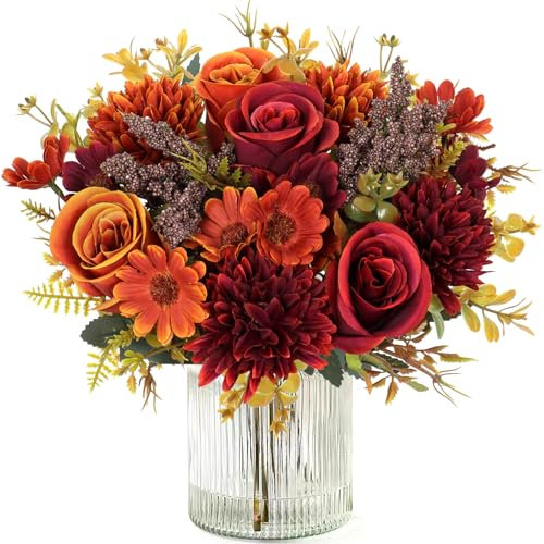 MEIVINES Artificielles Fleurs 2 Faux Soie Bouquet de Fleurs Rose Marguerite pour Fête de Mariage,Centre de Table, Décoration d'Intérieur (Orange et Rouge, 2PCS)