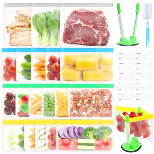 Ferenando 20 Stück Gefrierbeutel Wiederverwendbar 4 Größen (0.6-3.1L) mit Klappständer & Reinigungsbürste, Zip Beutel Hochgradig luftdicht, Silikonbeutel BPA-frei, für Vegetables, Milch, Sandwiches